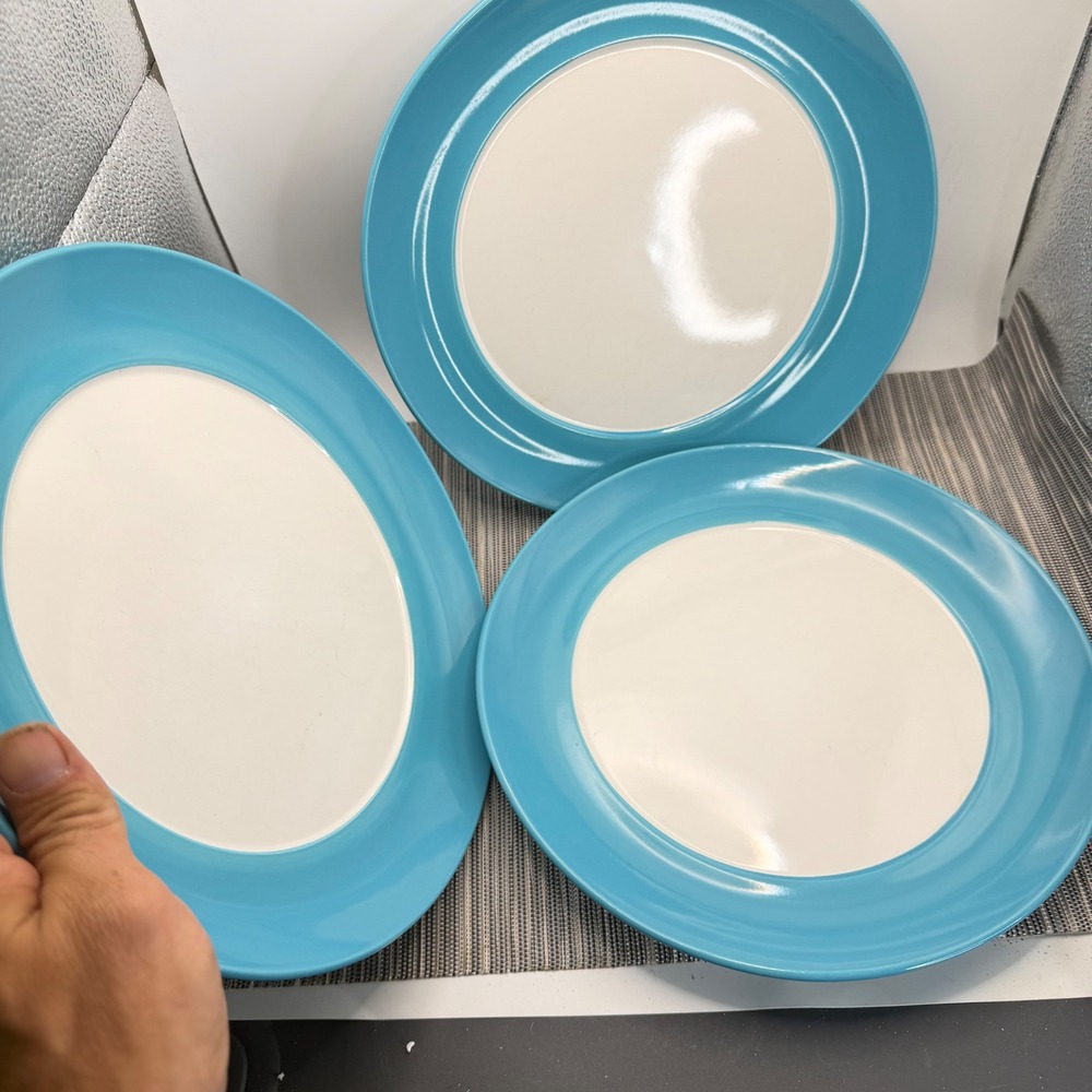 Waechtersbach Germany Dinner Plates Set of 3 Turquoise Blue White Ceramic 10.75"